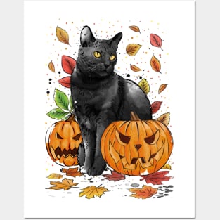 Cat Leaves and Pumpkins Posters and Art